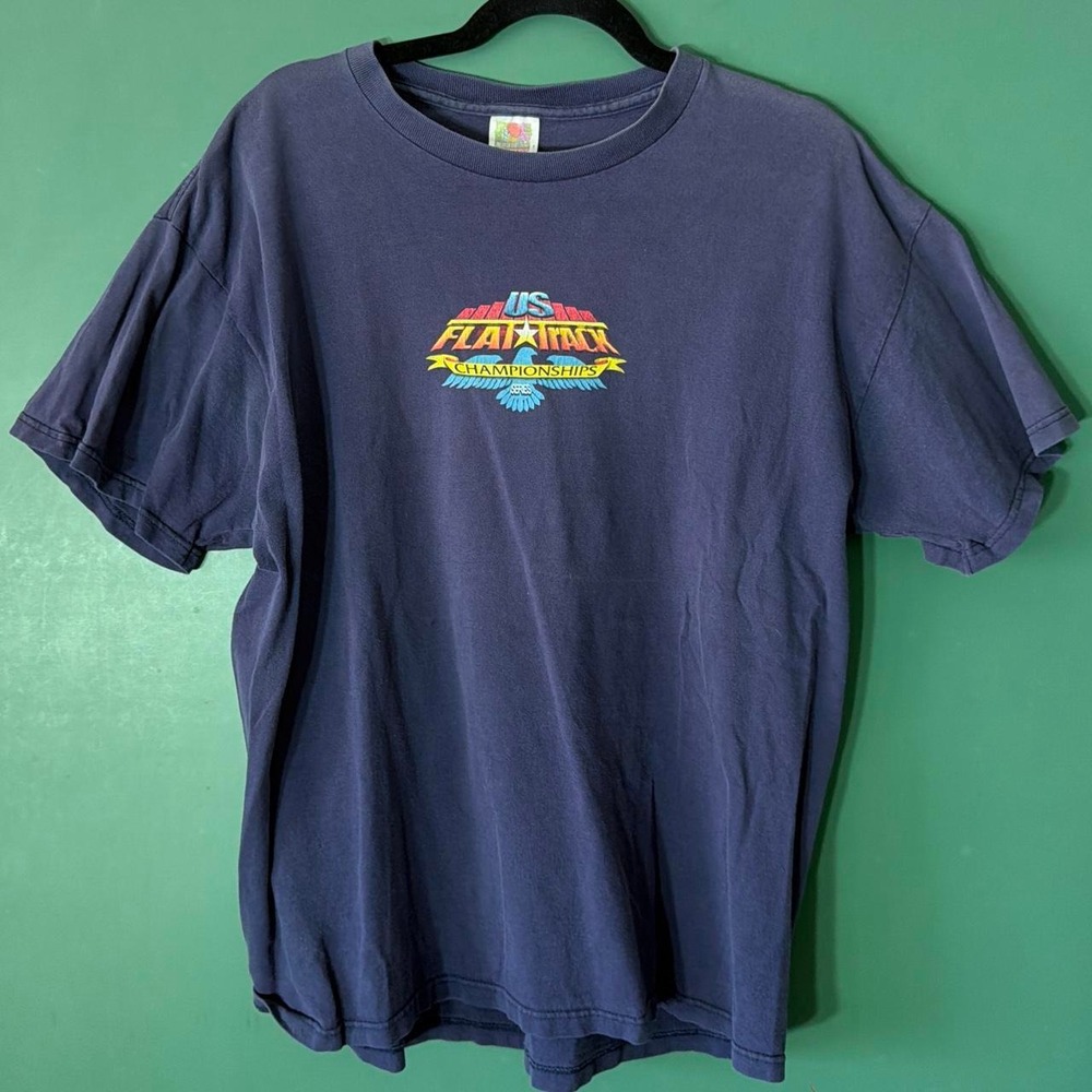 Vintage 90s Fruit of the Loom US Flat Track Championship Graphic T-Shirt XL Navy
